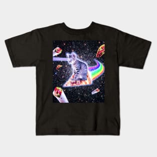 Laser Eyes Space Cat Riding Rainbow Pizza Kids T-Shirt